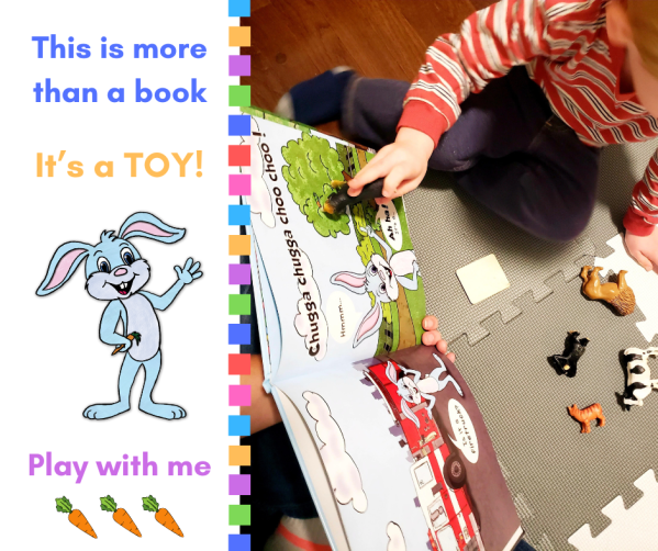 Child interacts with story to practice early communication and play skills